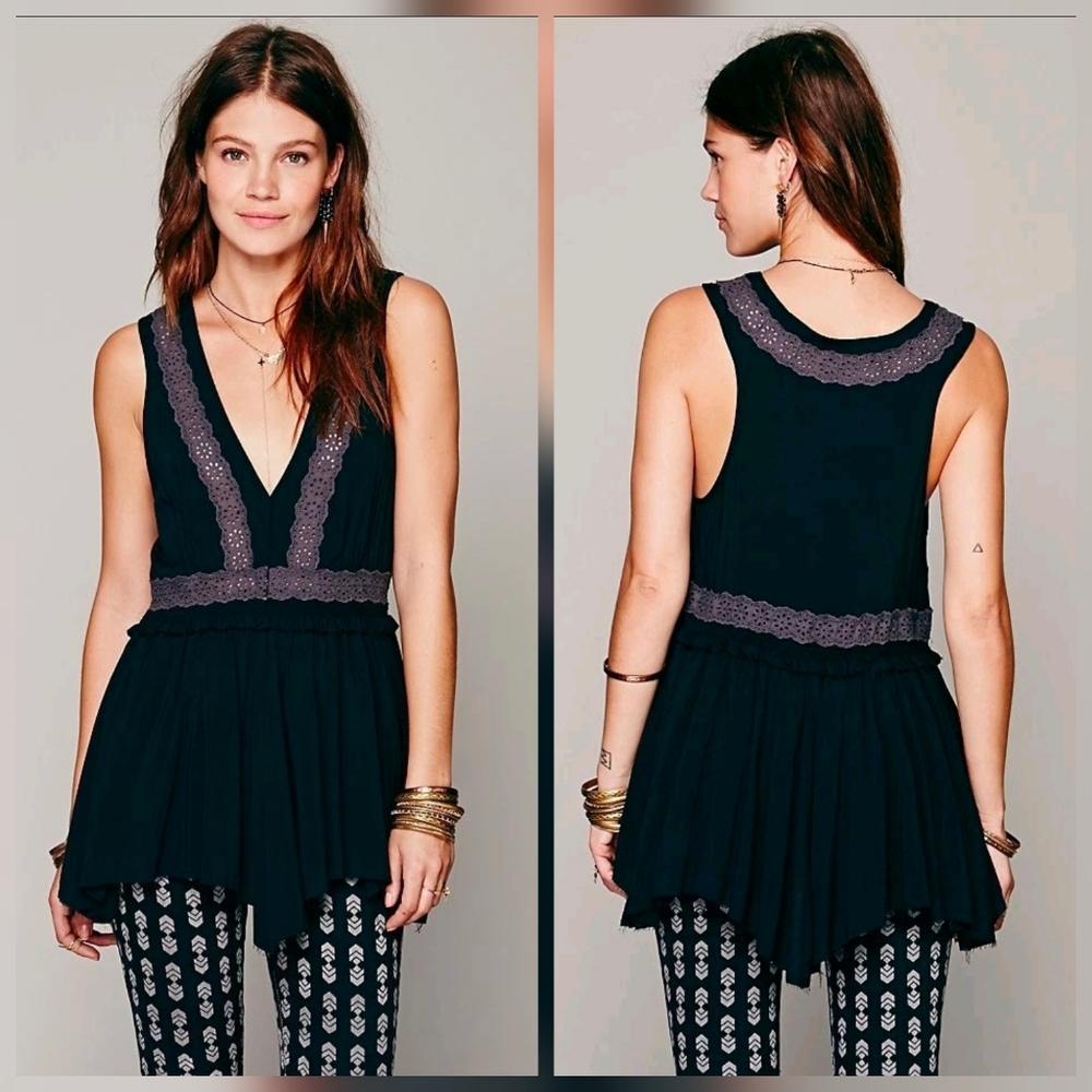 ❤️ NWT! FREE PEOPLE LACE INSET EYELET TUNIC VEST / TANK TOP, BLACK GRAY, MEDIUM